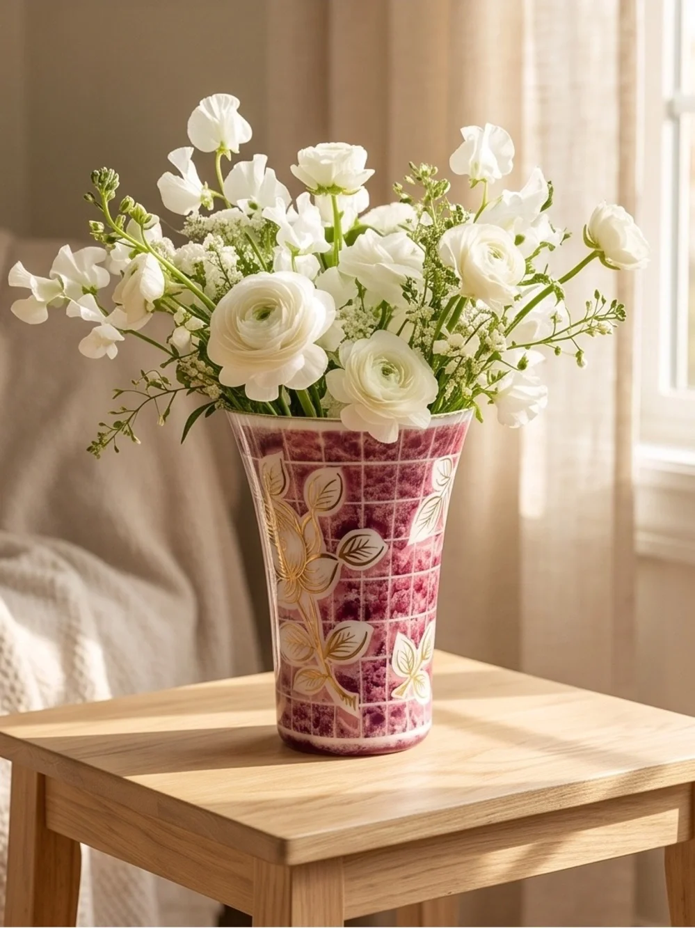 Decorative Pink Ceramic Vase with Gold Leaf Floral Motif